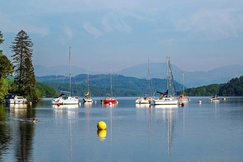 Boats on Windermere Lake, Fell Foot Park, Lake District, Cumbria, England, United Kingdom