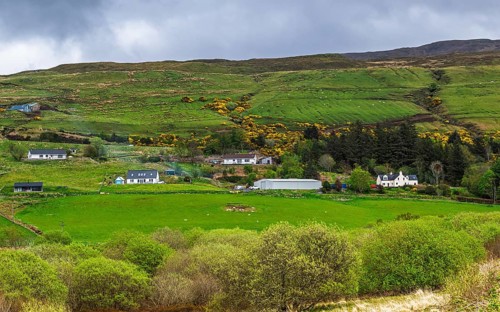 Farms over Loch Harport, Drynoch, Isle of Skye, Scotland, UK