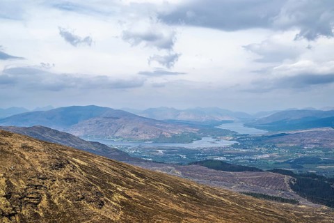 View from Nevis Range Mountains, Grampian Mountains, Fort William, Highland, Lochaber, Scotland, UK