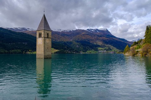 Church tower in Lake Reschen, Graun, Reschen, Vinschgau, South Tyrol, Alto Adige, Italy