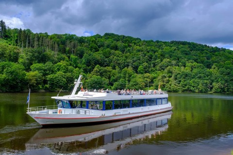 Excursion boat on the Rursee, Rursee boat trip, Rur dam, Rur reservoir, Einruhr, North Eifel,