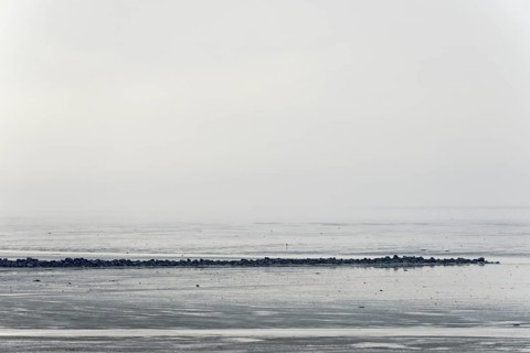 North Sea coast, cloudy winter day, Wadden Sea at low tide, stone groyne as coastal protection,