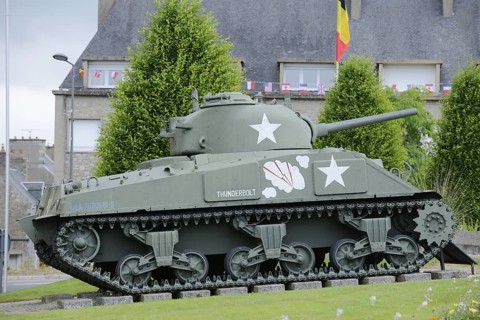 M4 Sherman tank of the US Army from the Second World War, Place Patton, Avranches, Manche