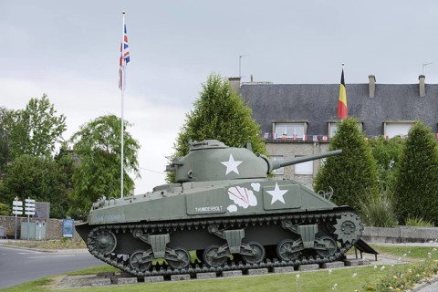 M4 Sherman tank of the US Army from the Second World War, Place Patton, Avranches, Manche
