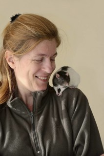 Woman with coloured rat (Rattus novegicus forma domestica) on her shoulder, North Rhine-Westphalia,