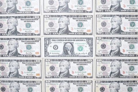 US dollar notes, 10 dollars, 1 dollar, banknotes
