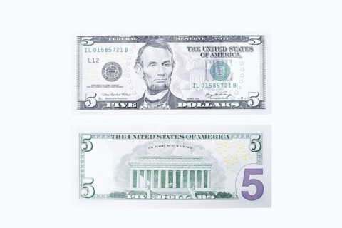 5 US dollar notes, 5 dollar banknotes on white background