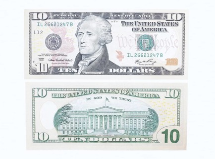 10 US dollar notes, 10 dollar banknotes on white background