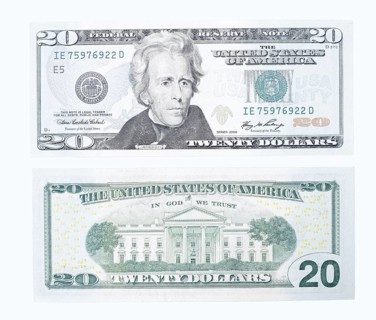 20 US dollar notes, 20 dollar banknotes on white background