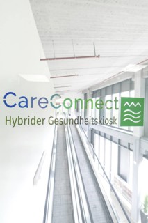 Bright escalator system with CareConnect logo in modern style, Care Connect, vaccination kiosk for