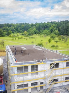 Building shell with crane and workers, surrounded by trees and clear sky, green roof, house