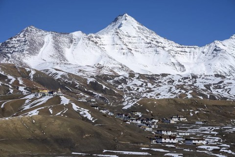 Langza, with snow-capped mountains in the background, Himalayas, Spitital, Kaza, Himachal Pradesh,