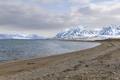Beach, mountain range, sea, Ny-Alesund, Spitsbergen, Svalbard