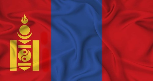 Realistic Mongolia flag waving. Close up of flag of Mongolia with cloth texture