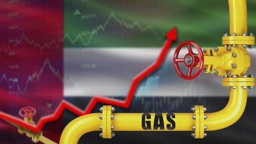 Gas pipeline with United Arab Emirates flag in background. Increase in gas production with United