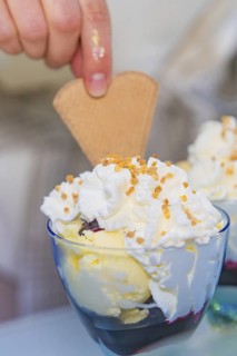 A glass of ice cream with cream and a waffle, decorated with crispy sprinkles, Retro Freizeitpark