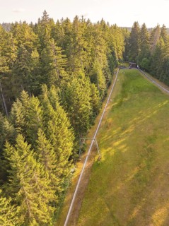 Wooden harrier in the forest with an elongated area along a winding path, Retro Freizeitpark