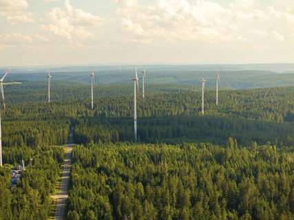Wind turbines in a wide forest landscape under a cloudy sky, Simmersfeld, Black Forest, Germany