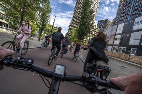 Cycle along the Jaarbeursplein, south of Utrecht Central, HBF, on the central cycle path in the