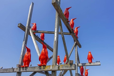 Rode Pinguins, Red Penguins, artwork by Belgian artist William Sweetlove in the harbour of Breskens