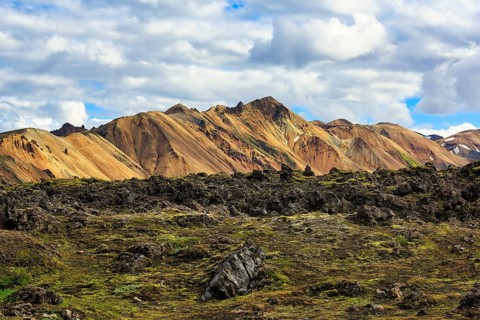 Volcanic landscape, colourful rhyolite mountains, Cumulus, Landmannalaugar, remote hiking area in