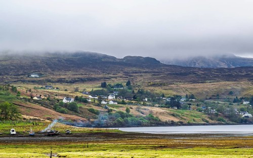 Farms over Loch Harport, Drynoch, Isle of Skye, Scotland, UK
