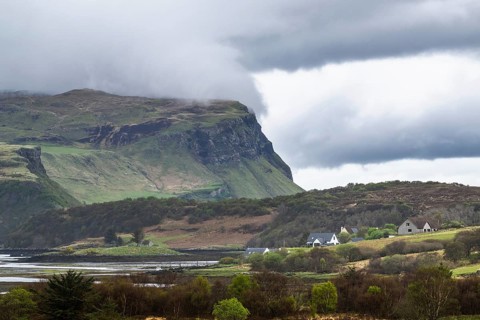 Farms over Loch Portree, Portree, Isle of Skye, Scotland, UK