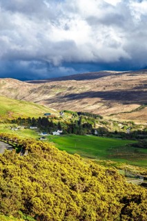Farms over Loch Harport, Drynoch, Isle of Skye, Scotland, UK