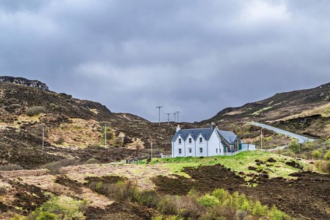 Farms over Loch Harport, Drynoch, Isle of Skye, Scotland, UK
