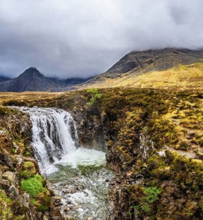 Panorama of Fairy Pools and Waterfalls, Glen Brittle, Black Cuillin, Isle of Skye, Scotland, UK