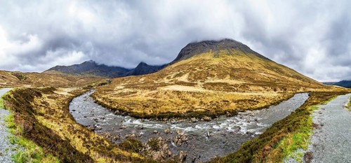 Panorama of Fairy Pools and Waterfalls, Glen Brittle, Black Cuillin, Isle of Skye, Scotland, UK