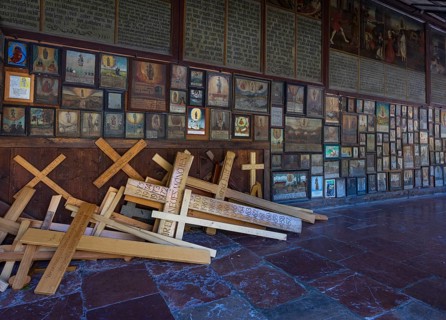 Votive plaques in the walkway around the Chapel of Grace, Kapellplatz, place of pilgrimage,