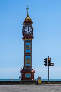 Clock tower on seaside in Weymouth, Esplanade, Weymouth, Dorset, England, United Kingdom