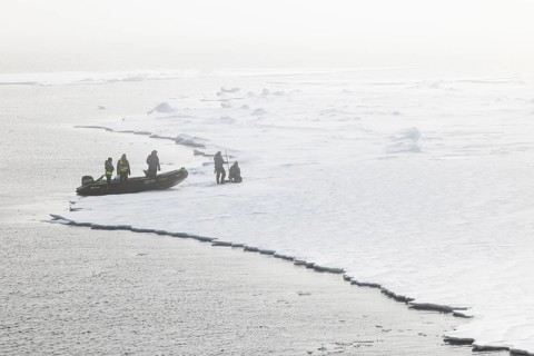 Zodiac with guides lands, Ice Edge, Sea, Spitsbergen, Svalbard