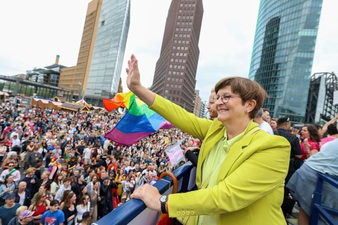 Saskia Esken (former SPD party chairwoman) on one of the floats at the 47th Christopher Street Day