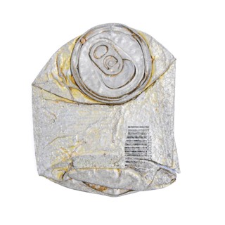 A crumpled aluminum can lies on a clean, white surface, displaying various textures and wear. The