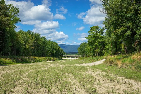 Wide dry riverbed of the Schwarza with a view of mountains, Neunkirchen, Lower Austria, Austria