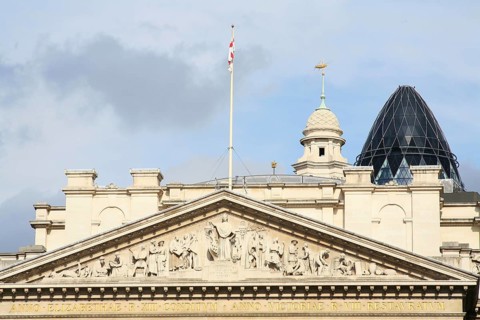 Architecture, part of the roof, Royal Exchange, in the background top of the Gherkin (30 St Mary
