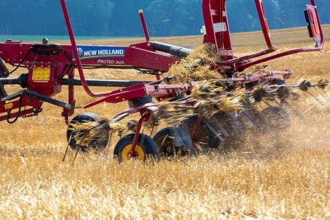 Hastings, Michigan - A farmer uses a New Holland ProTed 3625 tedder to aerate her crop. A tedder