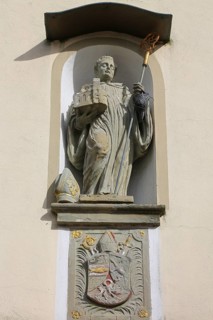 Chapel of St Wolfgang Oberuhldingen, built in 1711, stone figure of St Wolfgang depicted as a