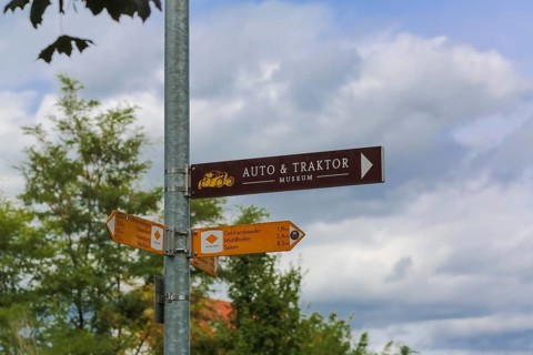 Sign, signpost, car and tractor museum, arrow, distance, writing, letters, Oberuhldingen district,