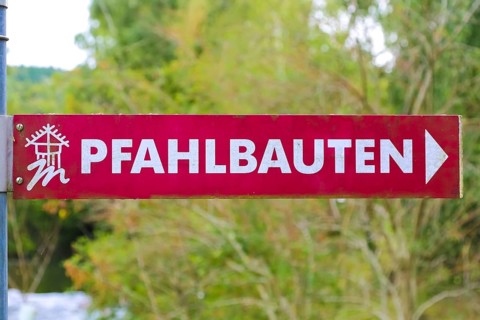 Sign, signpost, pile dwellings, arrow, writing, letters, Oberuhldingen district,