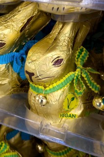 Chocolate bunny chocolate Easter bunny with button marking VEGAN award made from vegan chocolate,