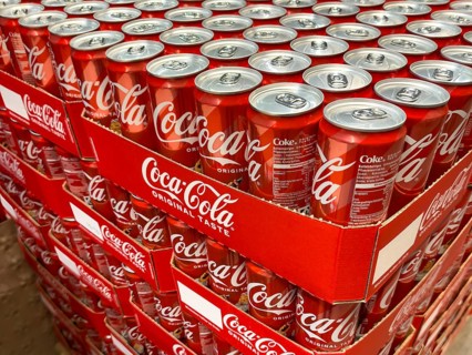 Pallet with cans drinking cans beverage cans of soft drink Coca-Cola Coke Coca Cola, Germany