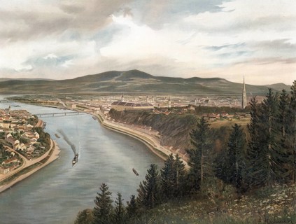 View of Linz and the Danube, Upper Austria, Austria, authentic reproduction of a school mural,