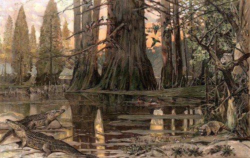 Landscape with crocodiles on the Mississippi River, America, authentic reproduction of a school