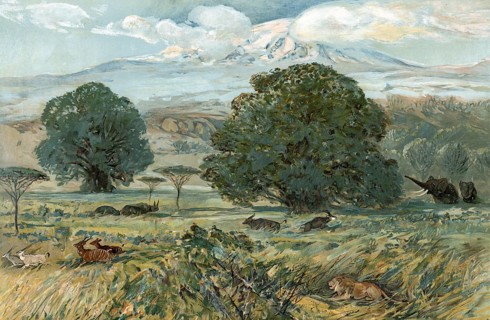 Landscape at the foot of Mount Kilimanjaro, Tanzania, authentic reproduction of a school mural,
