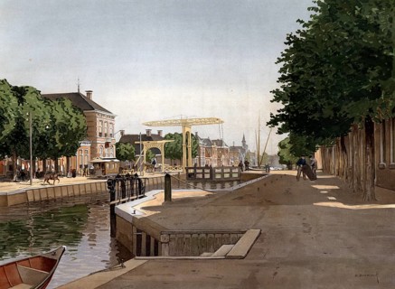 Canal, canal in Amsterdam, the Netherlands, Holland, authentic reproduction of a school mural,
