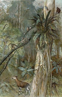 Prehistoric jungle on the coast of Guinea, West Africa, authentic reproduction of a school mural,