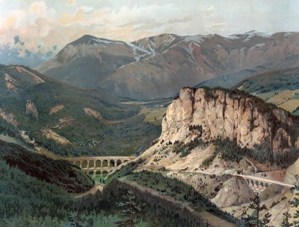 Semmering Railway, a railway line in Austria, authentic reproduction of a school mural, historic,